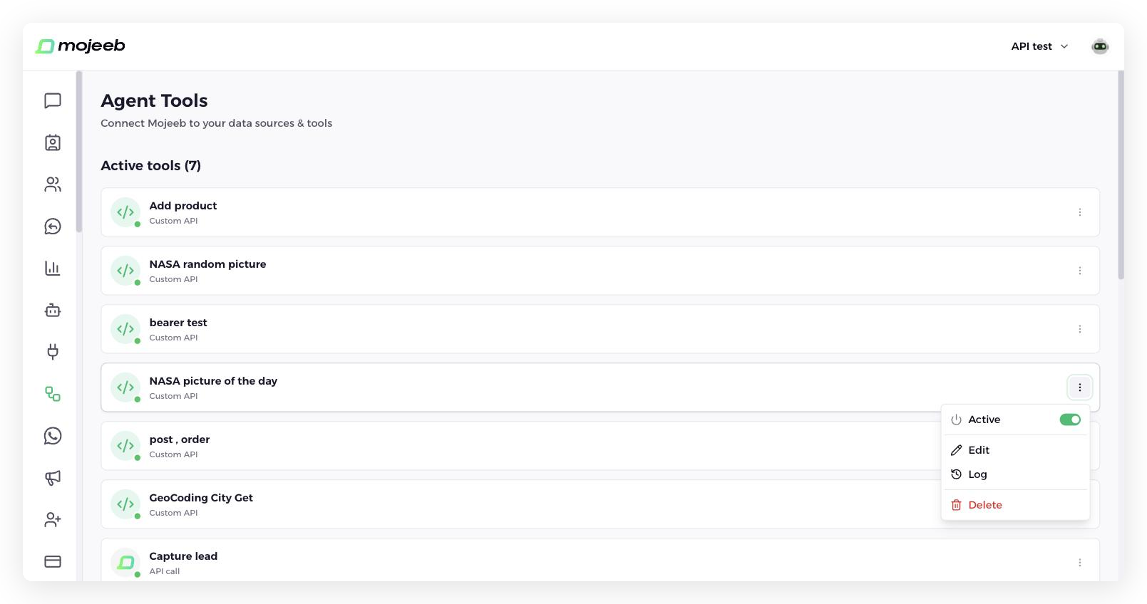 Mojeeb AI agent customer support - Active tools list with the tool card menu open showing Active, Edit, Log and Delete