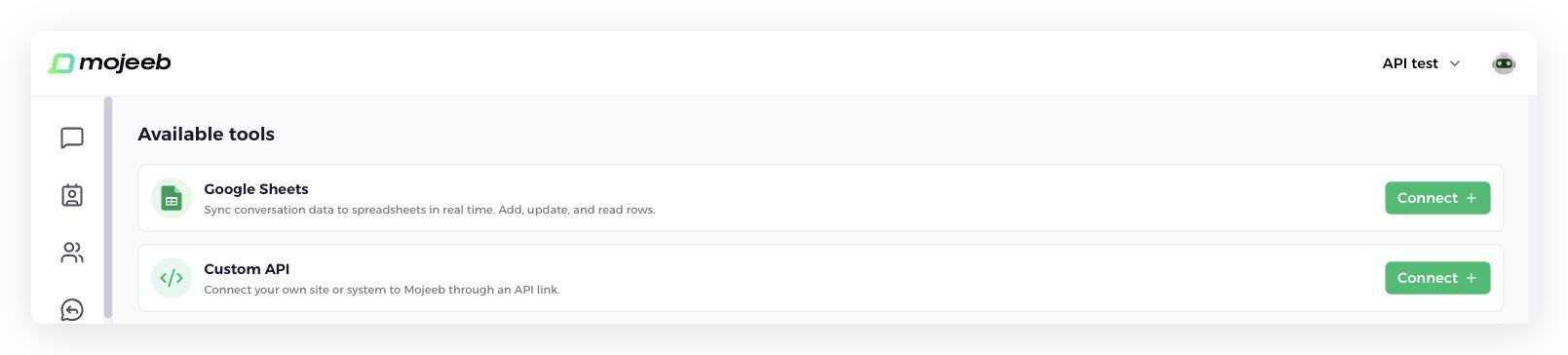 Mojeeb AI agent customer support - Available tools section of the Tools page with the Custom API card