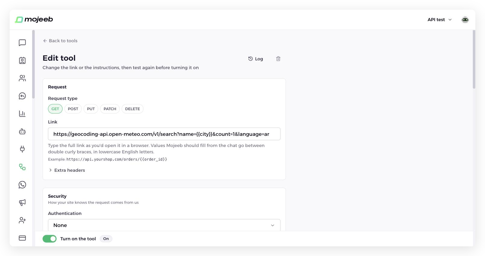 Mojeeb AI agent customer support - Custom API tool page with the Request and Security sections