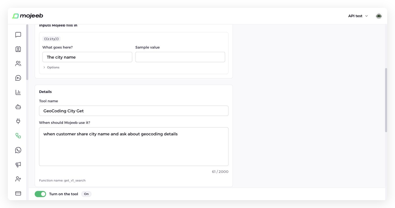 Mojeeb AI agent customer support - Inputs Mojeeb fills in and the Details section with the tool instruction