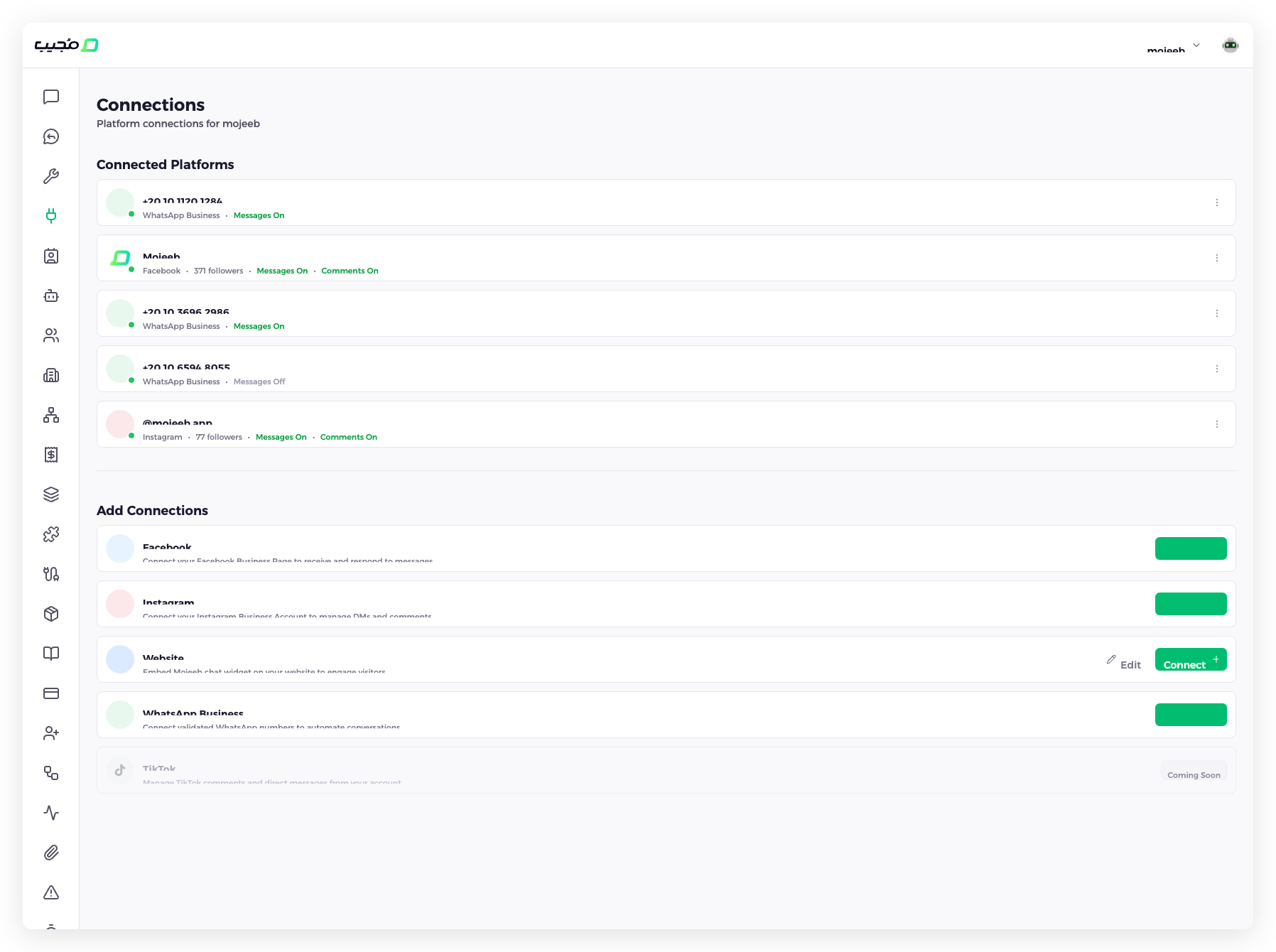 Mojeeb AI agent customer support - Facebook Messenger connection