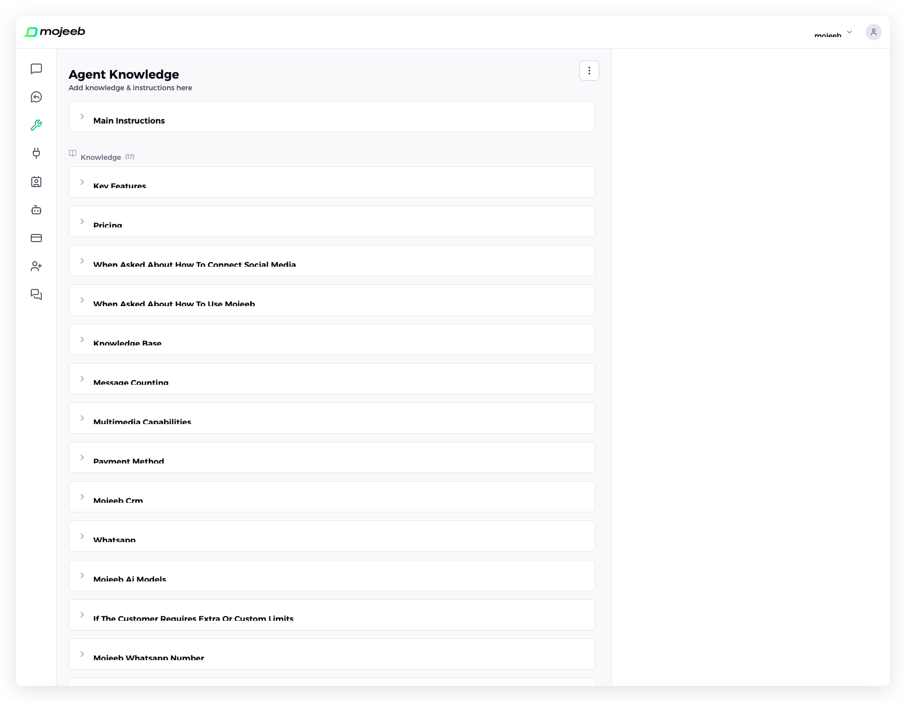 Mojeeb AI agent customer support - Knowledge base management