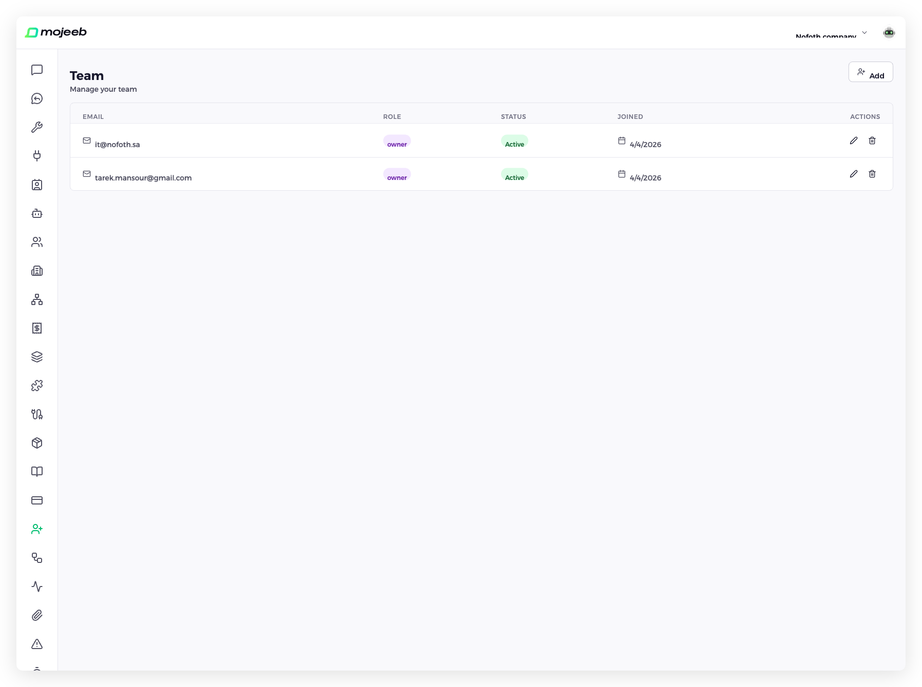 Mojeeb AI agent customer support - Team management page